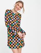 Never Fully Dressed Checkerboard Print Mini Dress In Rainbow Love Print-multi