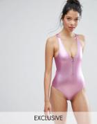 Monki Metallic High Leg Plunge Cross Back Swimsuit - Pink