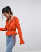 Asos Wrap Top With Ruffle And Lace Insert - Orange