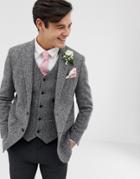 Asos Design Wedding Slim Blazer In 100% Wool Harris Tweed In Gray - Gray