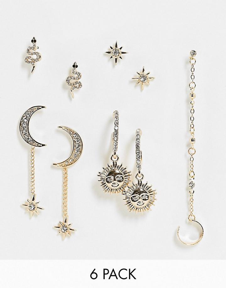 Asos Design Pack Of 6 Earrings In Mix Celestial Design-gold
