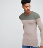 Asos Design Tall Muscle Long Sleeve T-shirt With Contrast Yoke In Beige - Beige