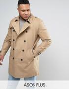 Asos Plus Double Breasted Trench Coat With Shower Resistance In Stone - Beige