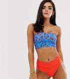 Kulani Kinis Exclusive Long Bandeau Bikini Top In Bright Blue And Red Floral Print-multi