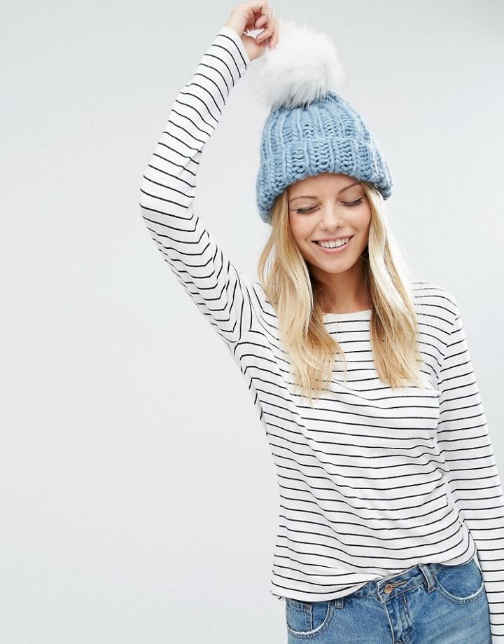 Asos Chunky Knit Beanie With Faux Fur Pom - Blue