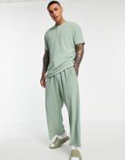 Asos Design Set Slinky Wide Cropped Sweatpants In Rib Fabric-green