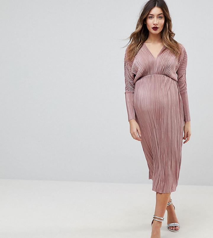 Asos Maternity Batwing V-neck Plisse Mini Dress - Pink