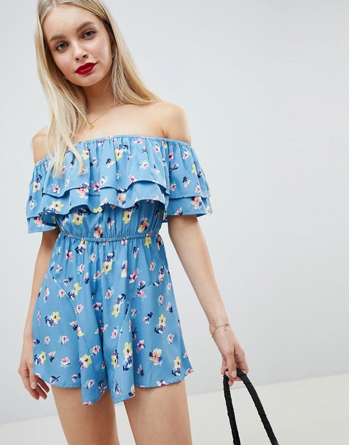 Influence Floral Bardot Romper - Blue