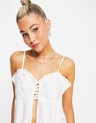 Violet Romance Tie Front Cami Strap Top With Broderie Details In White