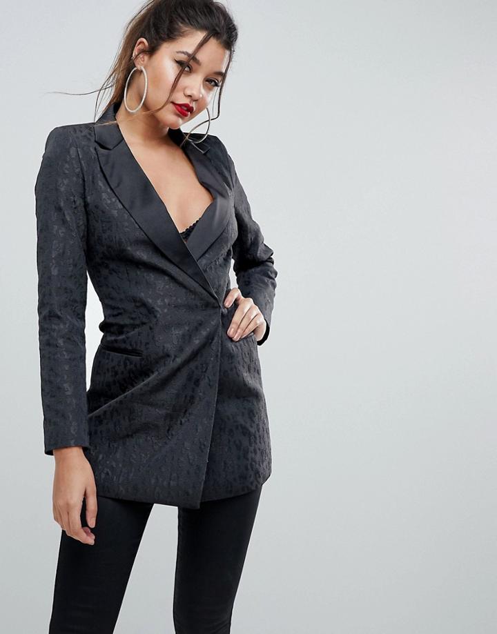 Asos Shark Shoulder Metallic Animal Longline Blazer - Black
