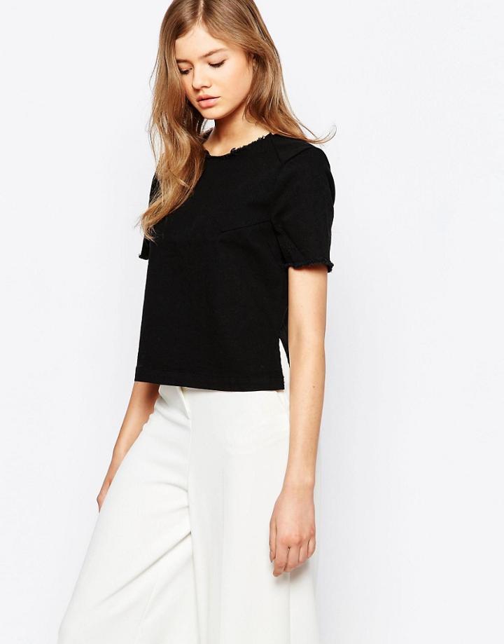 Pieces Black Denim Shirt With Frayed Neckline - Black