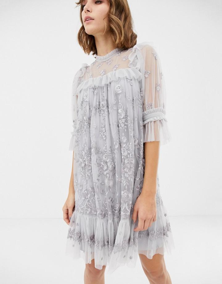 Needle & Thread Lace High Neck Mini Dress In Dusk Blue