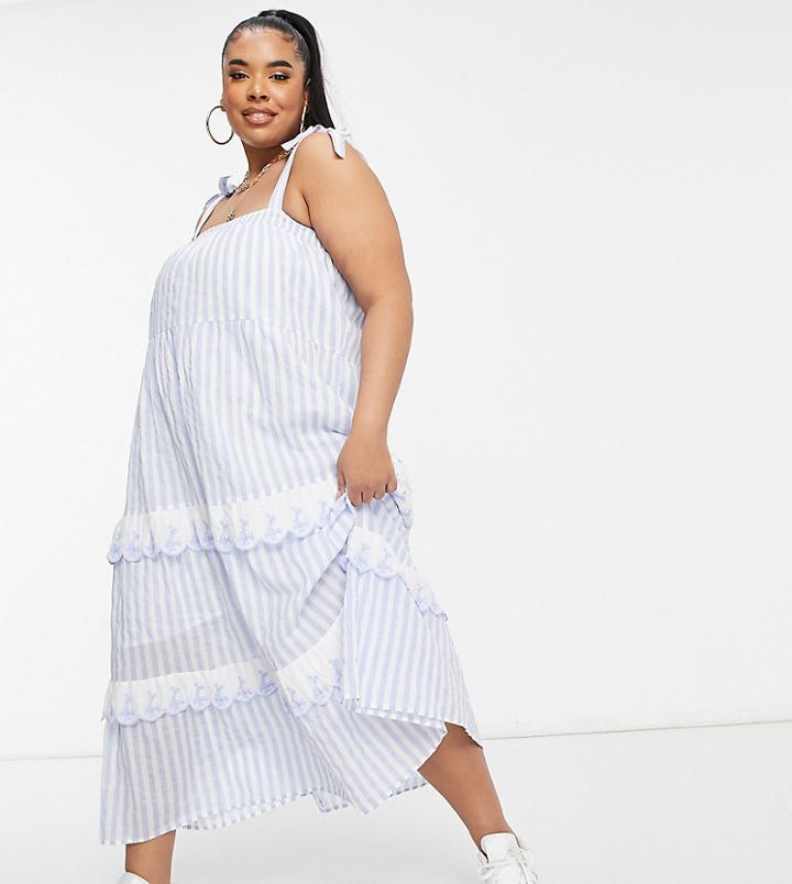 Cotton: On Curve Tie Strap Ruffle Dress In Blue Stripe-blues