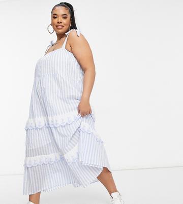 Cotton: On Curve Tie Strap Ruffle Dress In Blue Stripe-blues