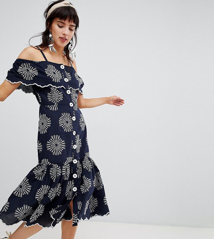River Island Midi Dress With Cold Shoulder And Cutwork Detail - Navy