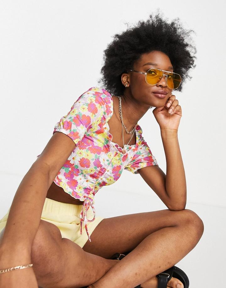 Asos Design Square Neck Crop Top With Textured Ruched Front In Floral-multi