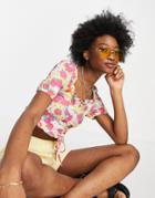 Asos Design Square Neck Crop Top With Textured Ruched Front In Floral-multi