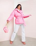 Asos Luxe Wrap Puffer Coat In Hot Pink