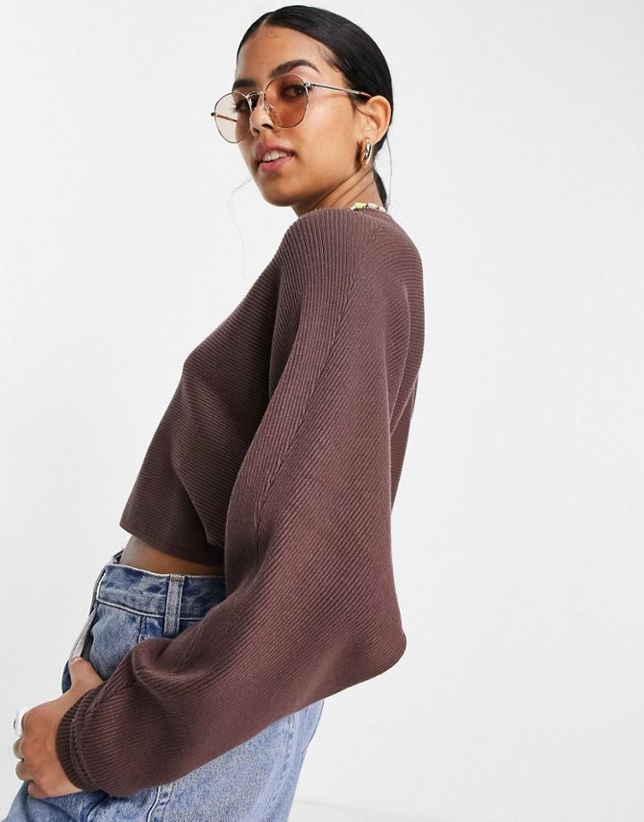 Monki Cathrine Ecovero Batwing Cropped Sweater In Brown