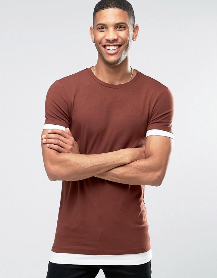 Asos Longline Muscle T-shirt With Contrast Cuff And Hem In Chestnut -