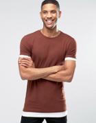 Asos Longline Muscle T-shirt With Contrast Cuff And Hem In Chestnut -