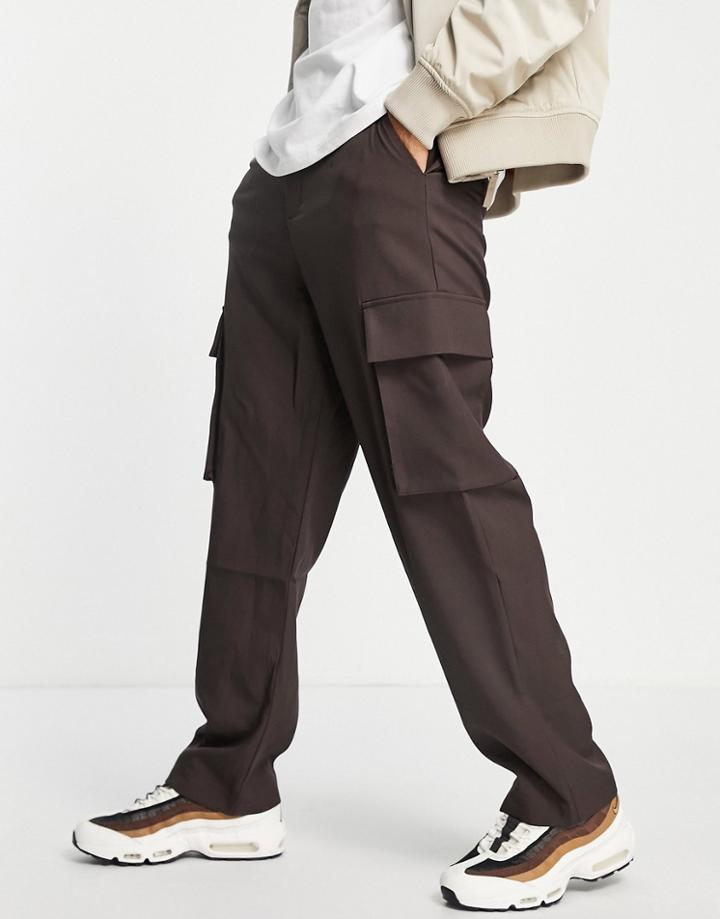 Mennace Relaxed Fit Smart Pants With Cargo Pockets In Brown