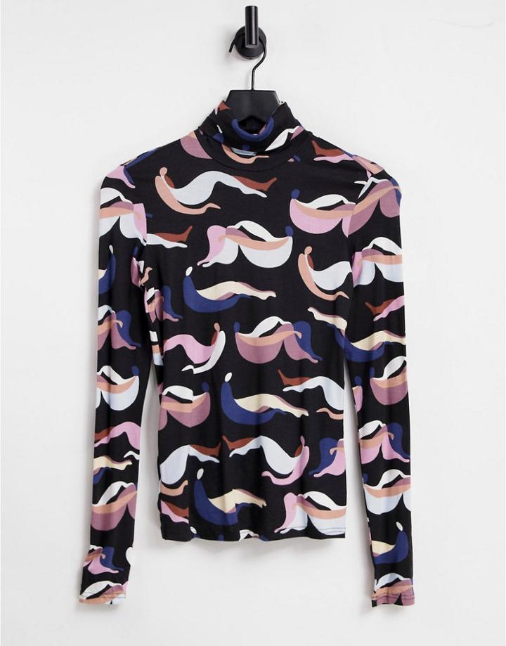 Monki People Print High Neck Top In Multi