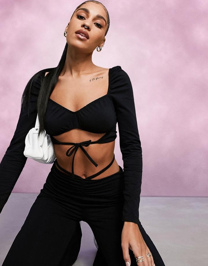 Asos Design Low Rise Flare Pants With Strap Detail And Ruched Waist In Black