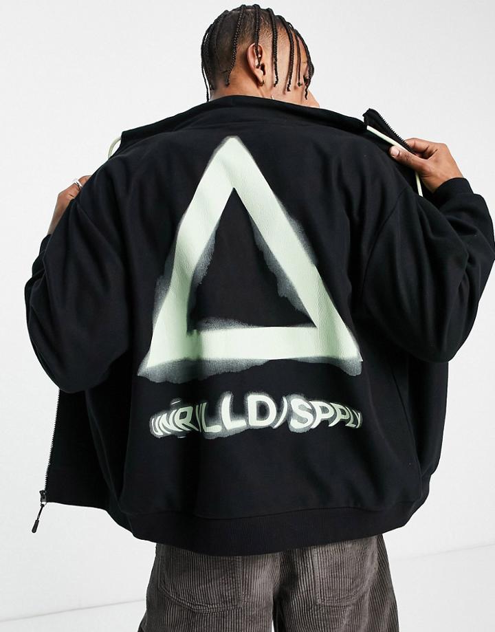 Asos Unrvlld Spply Oversized Zip Through Fleece Jacket With Large Logo Back Print In Black