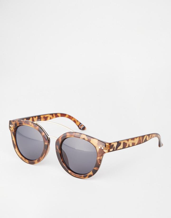 Asos Chunky Round Sunglasses In Tortoiseshell With Rose Brow Bar - Tort
