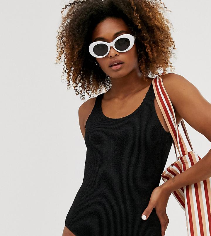 Monki Bubble Rib Scoop Neck Swimsuit In Black