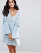 Influence Flare Sleeve V Neck Chambray Dress - Blue
