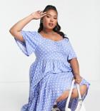 Yours Sweetheart Tiered Midi Dress With Floaty Sleeves In Blue Polka Dot