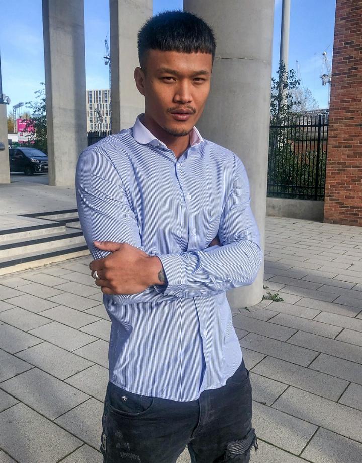 Shelby & Sons Shirt With Contrast Penny Collar In Blue And White Stripe