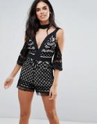 Love & Other Things Cold Shoulder Lace Romper - Black