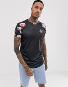 Siksilk T-shirt In Black With Floral Sleeves - Black