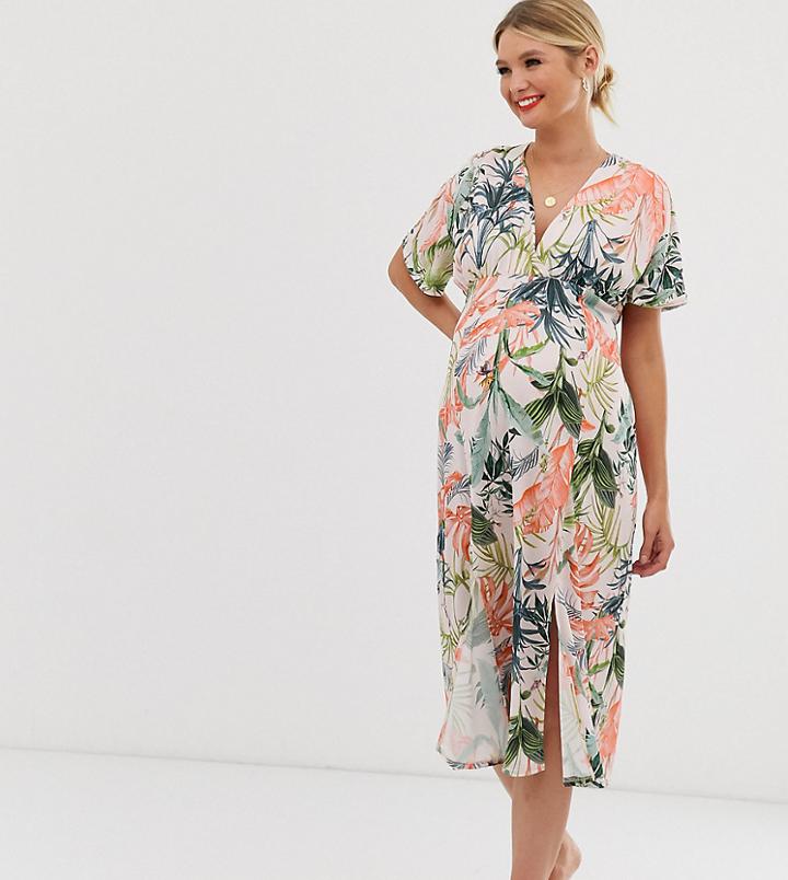 Asos Design Maternity Exclusive Midi Textured Batwing Dress In Tropical Print - Multi