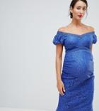 Little Mistress Maternity Off Shoulder Lace Pencil Midi Dress - Blue
