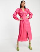 River Island Open Bow Back Satin Midi Dress In Pink