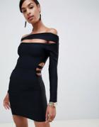 Asos Design Off Shoulder Bardot Mini Bandage Dress With Cut Out - Black