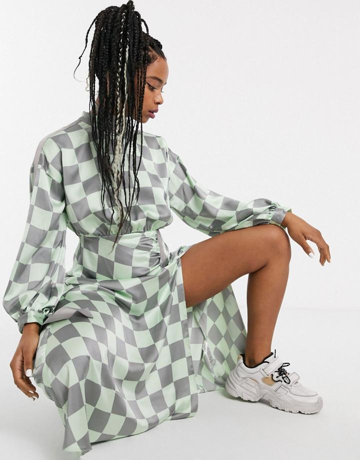 Asos Design Ruched Satin Midi Dress With Herringbone Tape In Checkerboard Print-multi