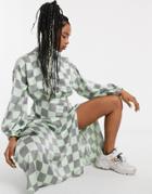 Asos Design Ruched Satin Midi Dress With Herringbone Tape In Checkerboard Print-multi