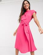 Asos Design High Neck Grown On Sleeve Skater Midi Dress In Magenta-pink