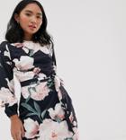 Parisian Petite Long Sleeve Dress With Self Belt In Large Scale Floral-navy