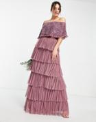 Beauut Bridesmaid Embellished Bardot Maxi Dress With Tiered Tulle Skirt In Mauve-purple