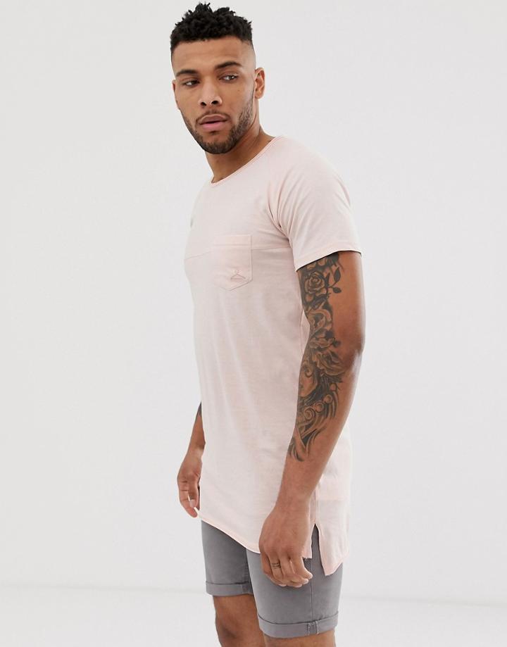 Soul Star Long Line Raw Edge Pocket T-shirt In Pink - Pink