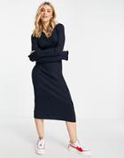 Monki Rib Knit Midi Dress With Collar In Navy - Navy