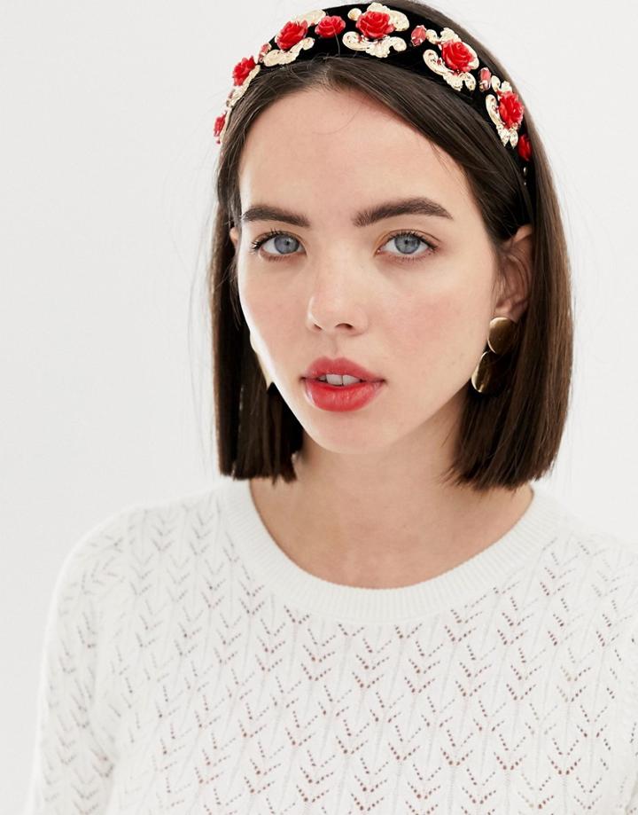 Asos Design Embellished Headband With Ornante Rose Detail - Multi