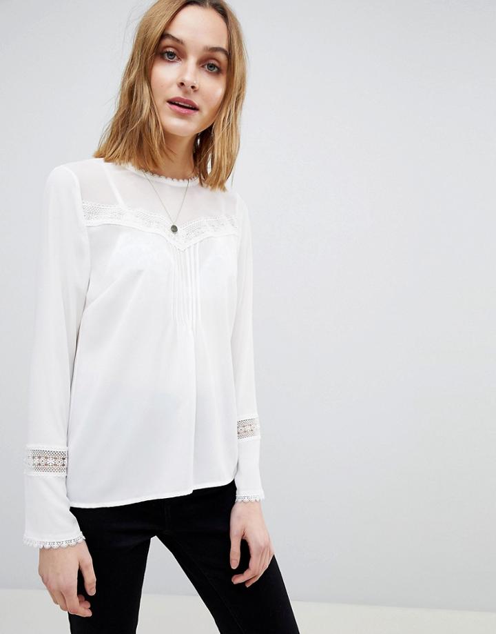 Warehouse Lace Insert Pleat Detail Top - Cream