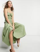 Asos Design Shirred Midi Sundress In Khaki-green